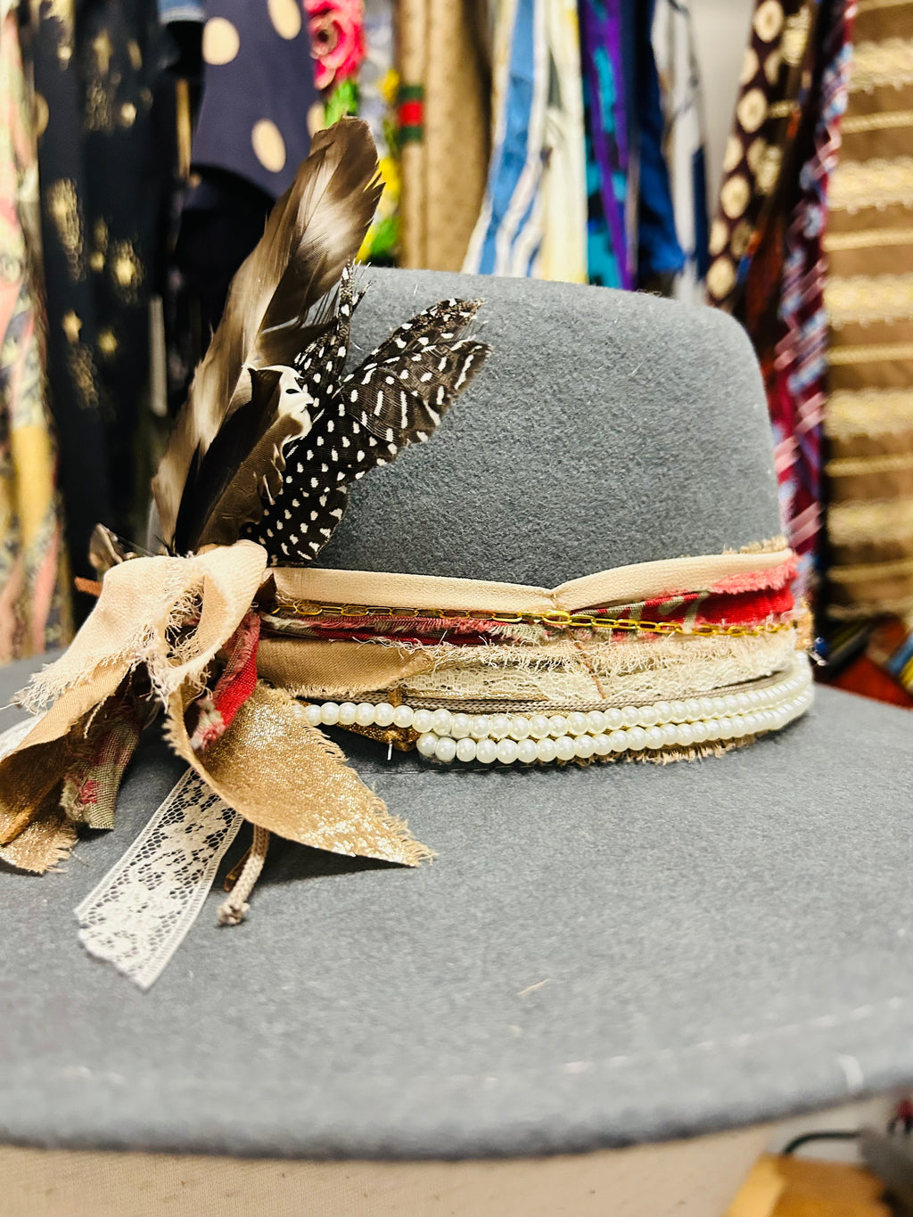 OOAK Packable Wool Hat with Vintage Watch/Ribbon