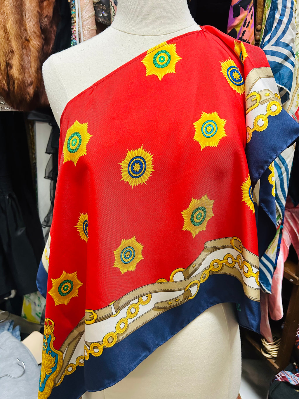 OOAK Upcycled Vintage Belt Print Celine Silk Scarf Poncho