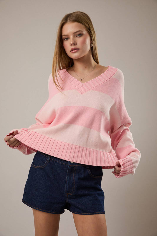 LONG SLEEVE V-NECK STRIPE CROP SWEATER