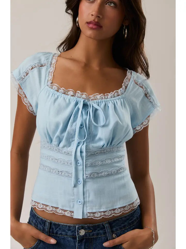 Cap Sleeve Square Neck Lace Trim Detail Top