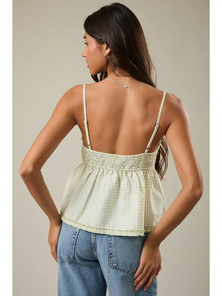 Tie Front Ruffle Trim Tank Top