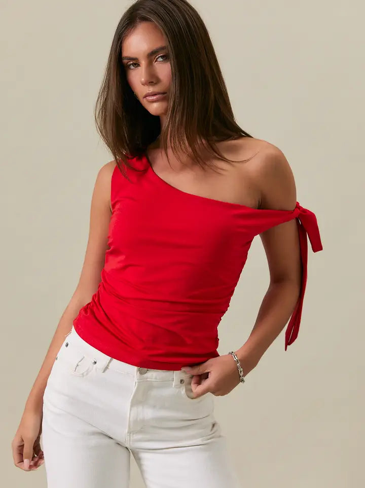 Self Double One Shoulder Tie Detail Top