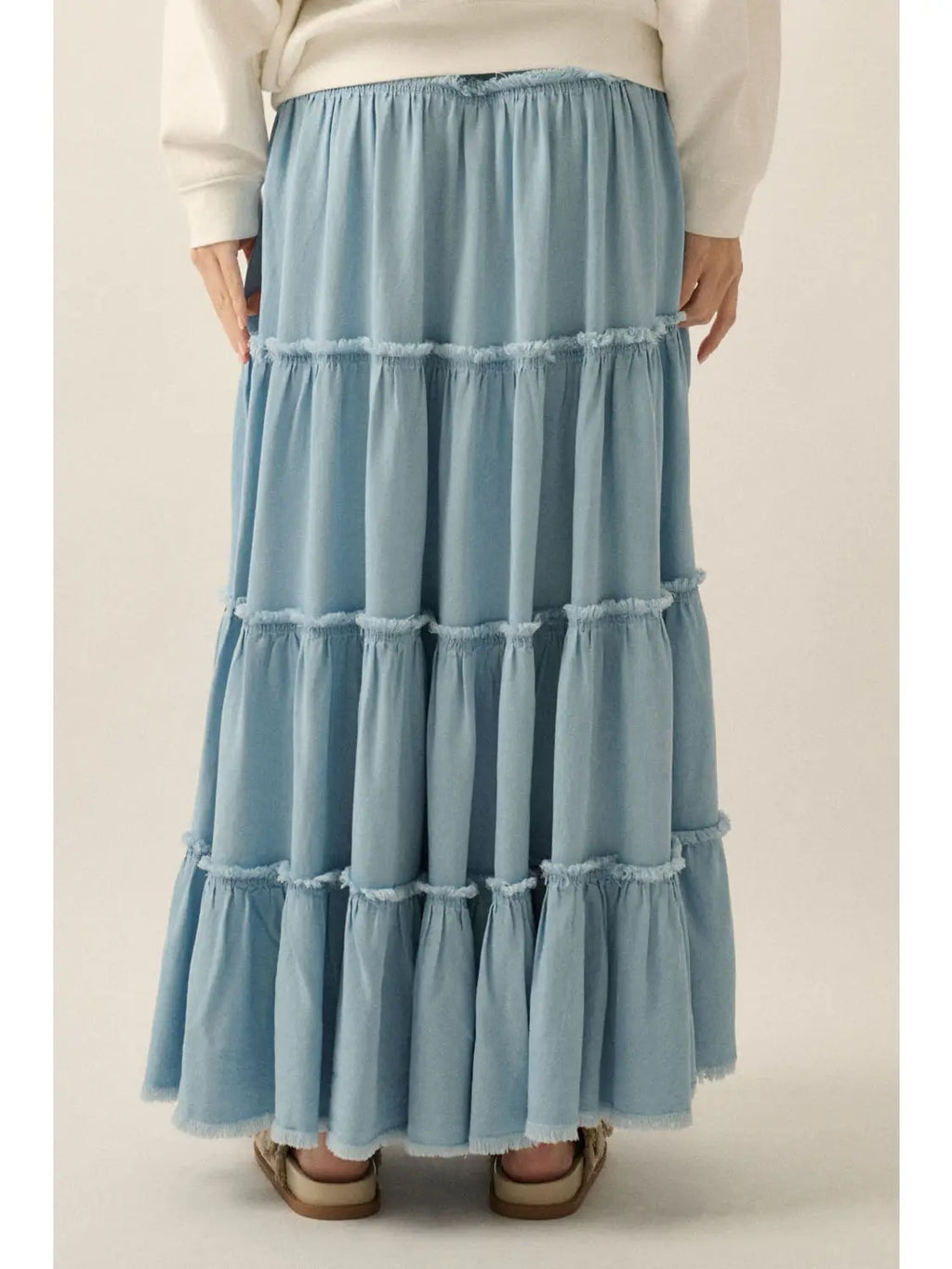 Raw-Edge Denim Tiered Ruffle Maxi Skirt