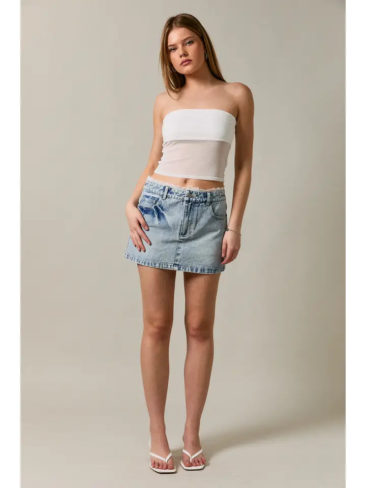 Mid Waist Denim Skirt with Lace Trim Detail