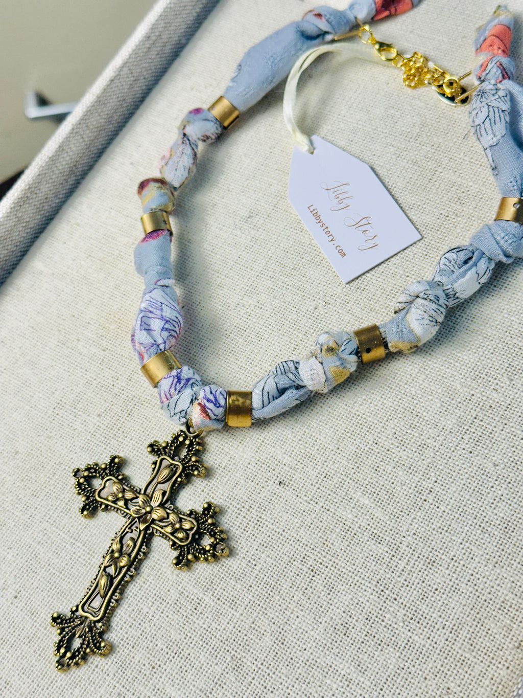 Antique Bronze Cross Fabric Necklace