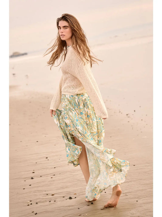 Floral-Print Crepe Button-Front Ruffle Maxi Skirt
