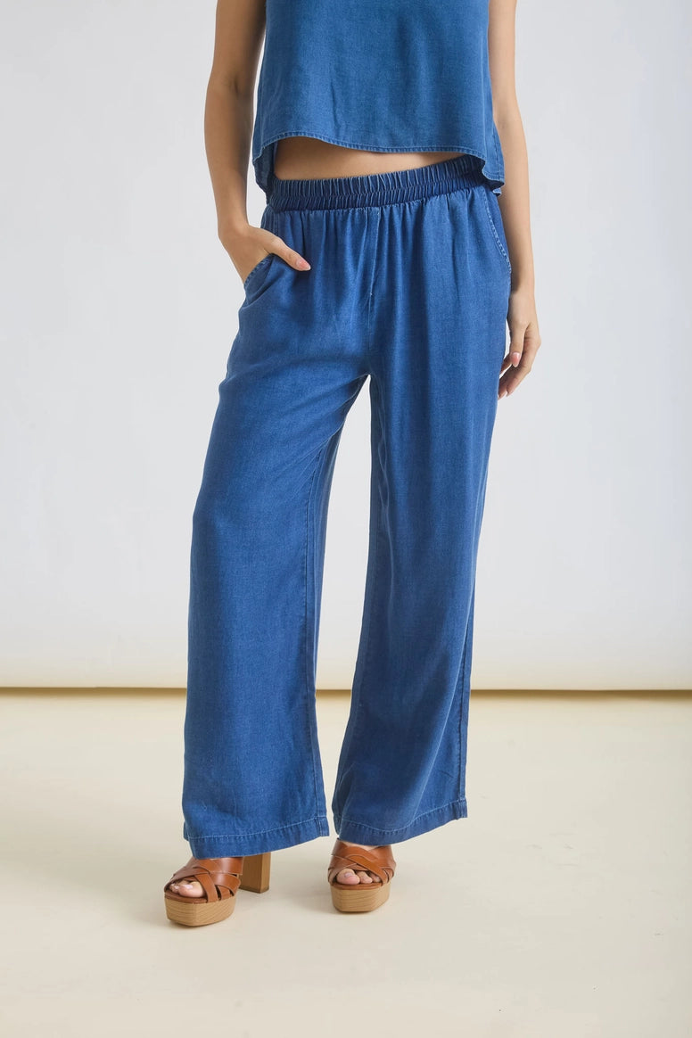 Chambray Elastic High Waist Wide Leg Pant