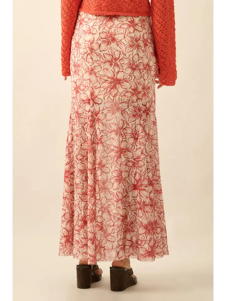 Floral Print Mesh Godet Pleated Mermaid Maxi Skirt