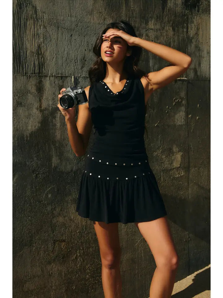 Cowl Neck Stud Detail Ruched Top