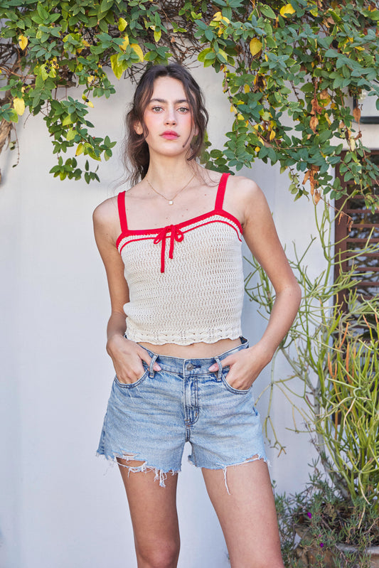 Patterned Sweater Crop Tank Top with Contrast