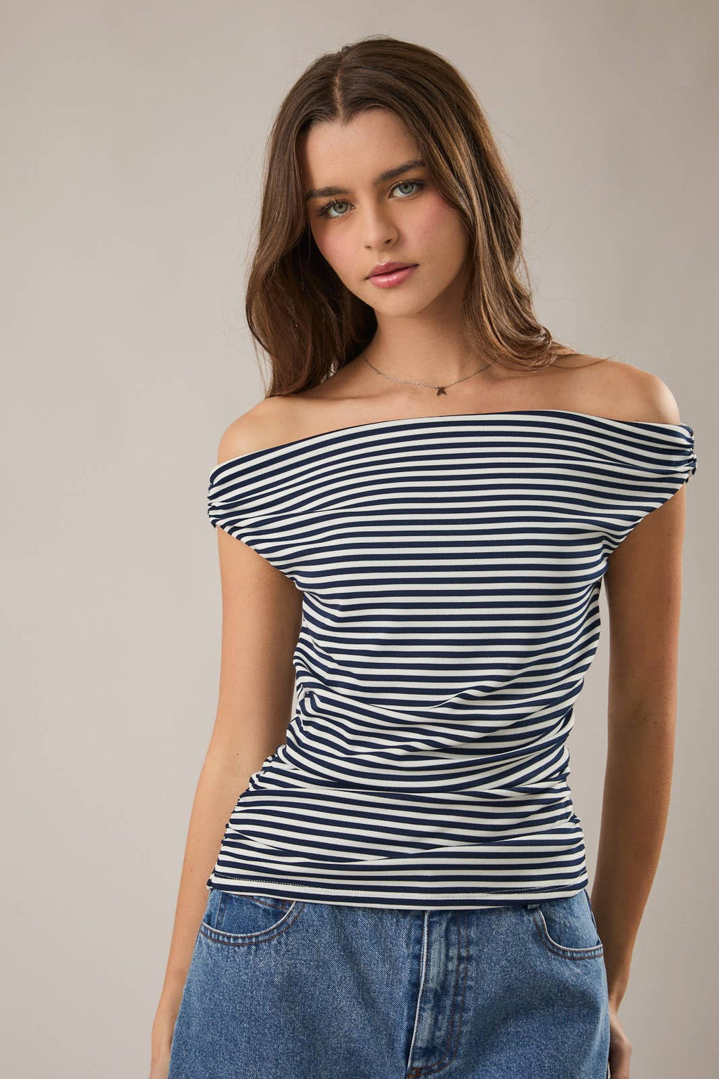 STRIPE OFF THE SHOULDER DOUBLE LINED TOP WITH RUCHING