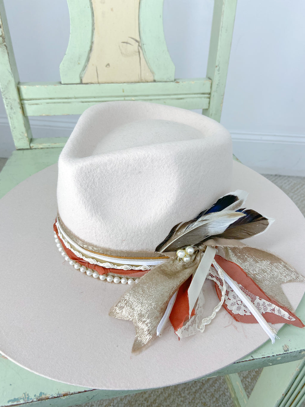 OOAK Champagne Dreams 100% Wool & Ribbon Stiff Bring Hat