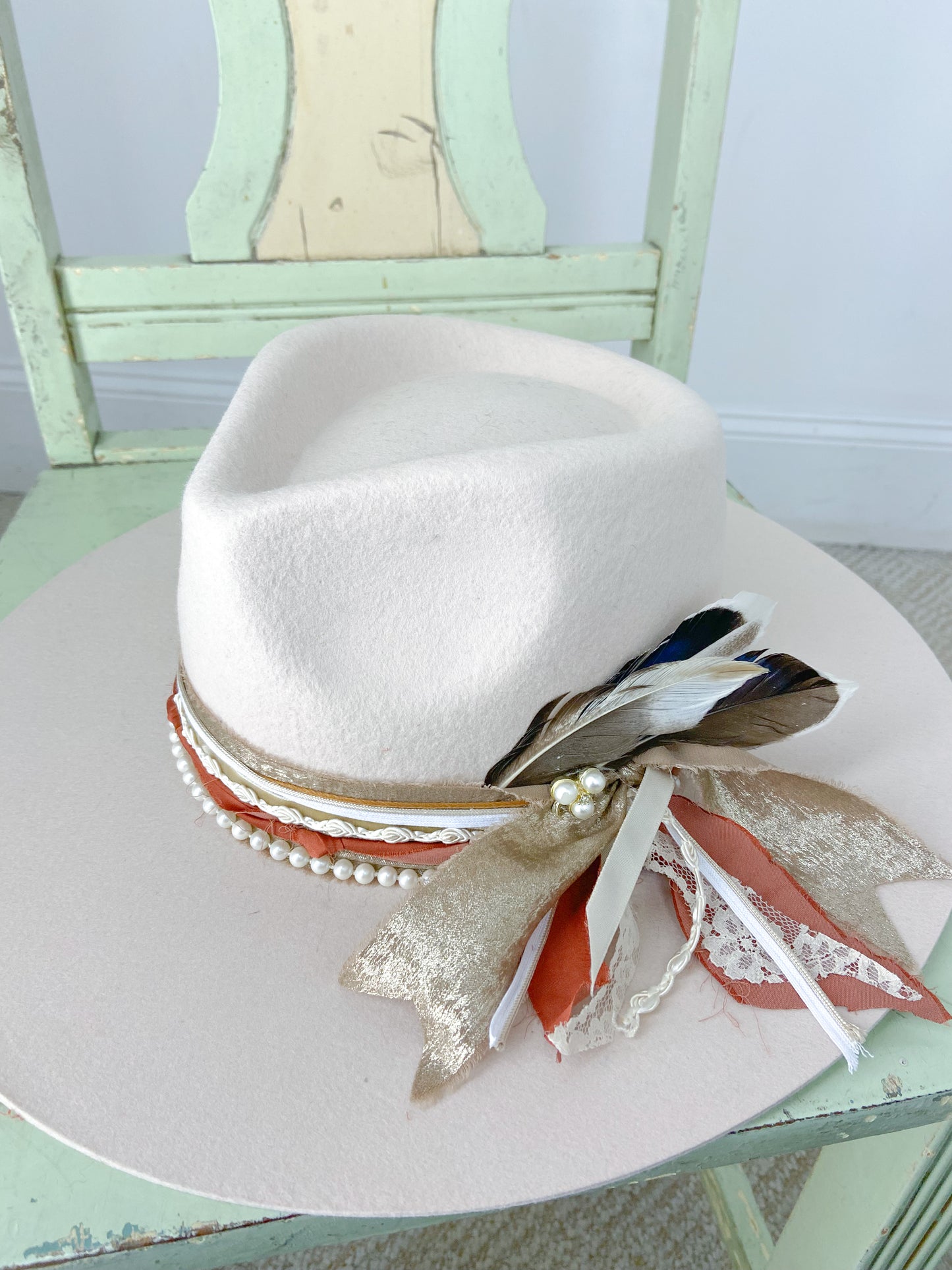 OOAK Champagne Dreams 100% Wool & Ribbon Stiff Bring Hat