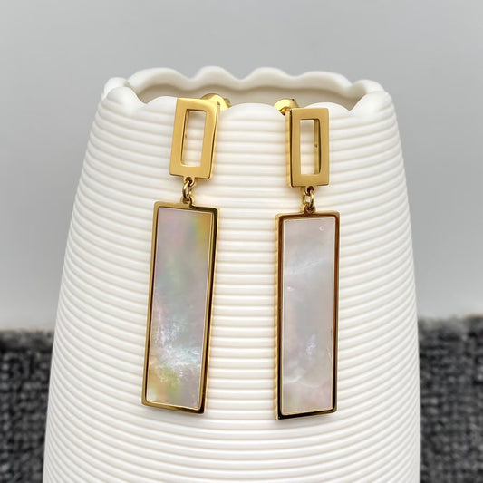 Glossy 18K Golden S.Steel Square Shell Dangle Earrings