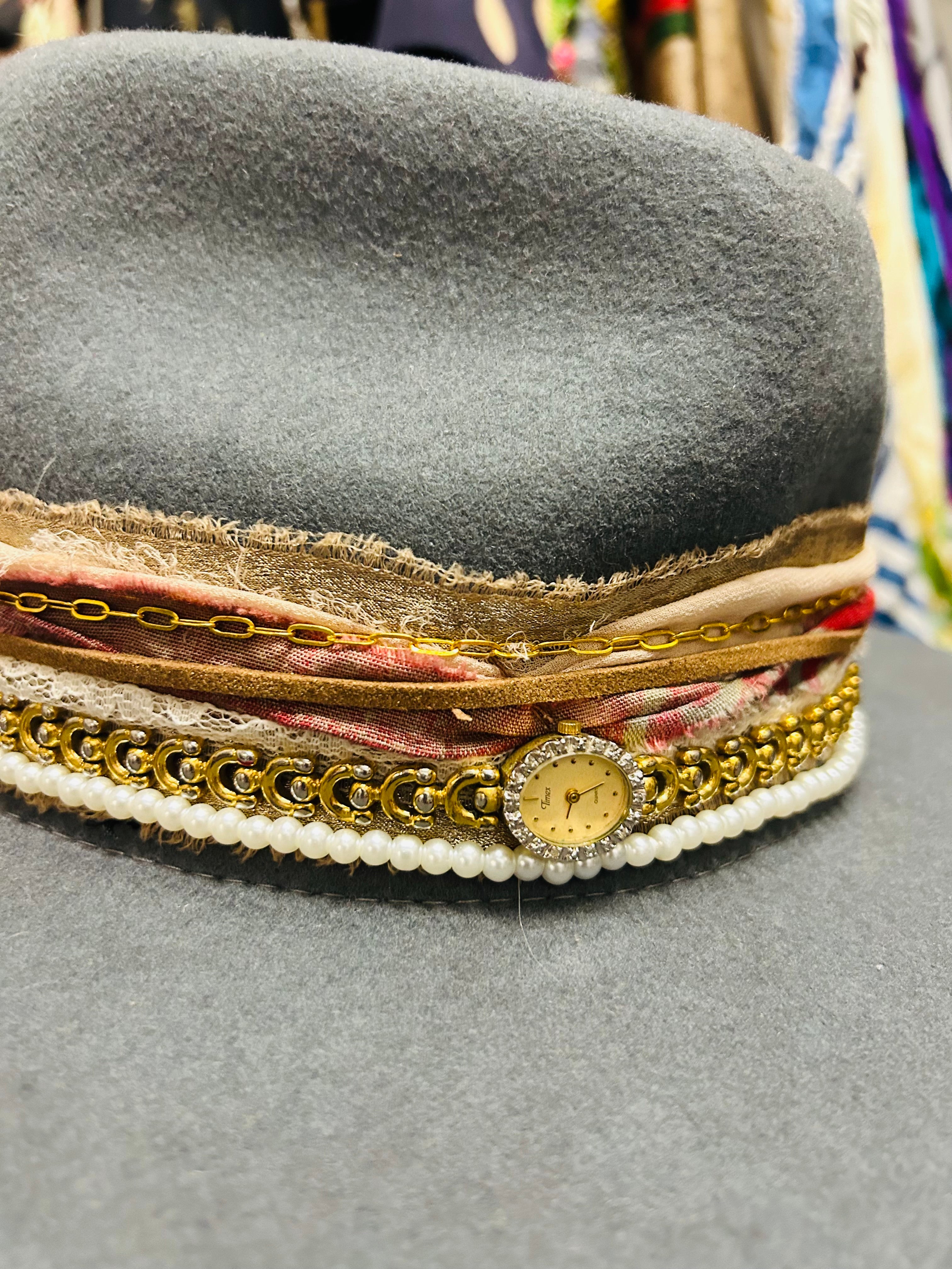 OOAK Packable Wool Hat with Vintage Watch/Ribbon
