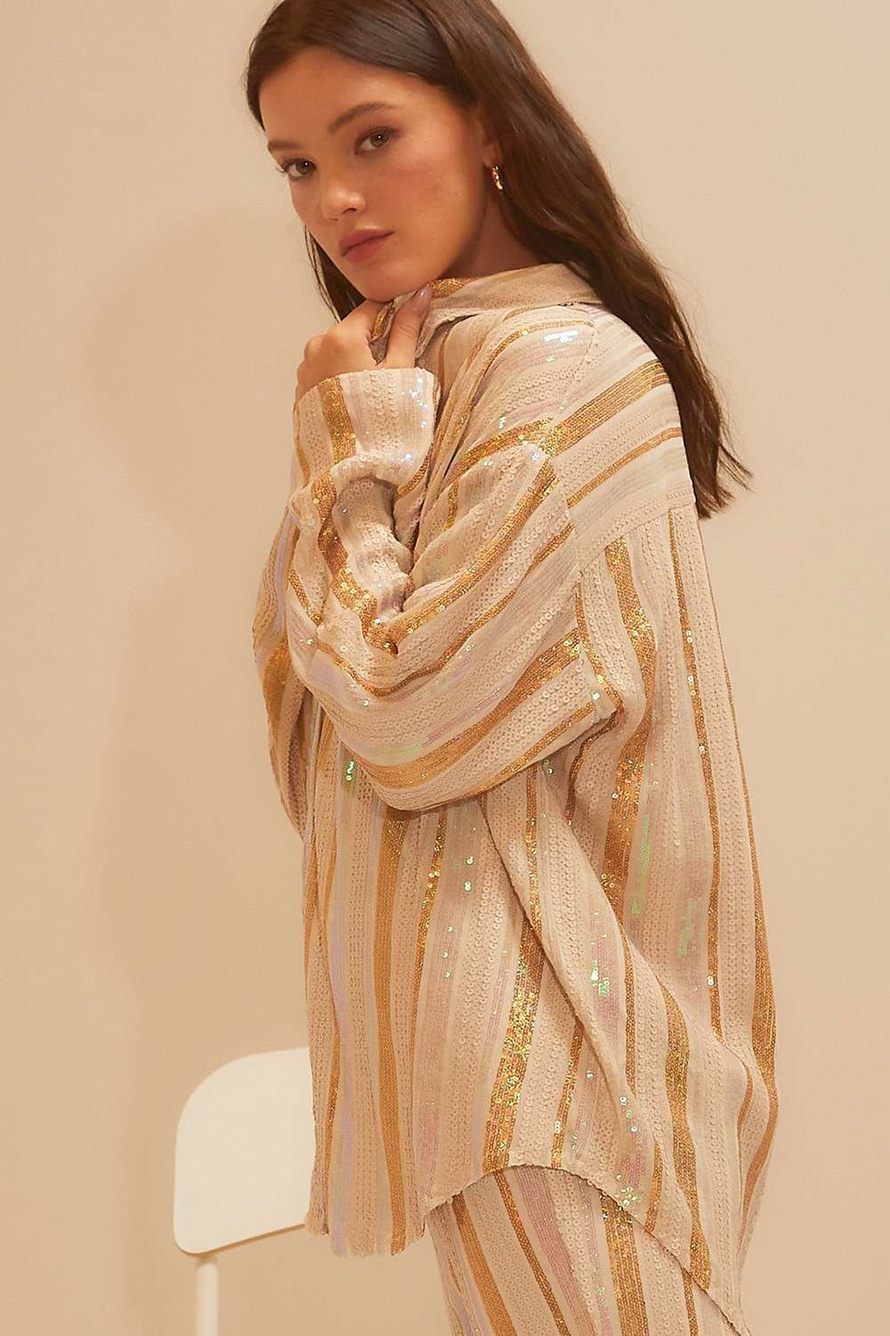 Neutral Stripe Sequin Formal Top