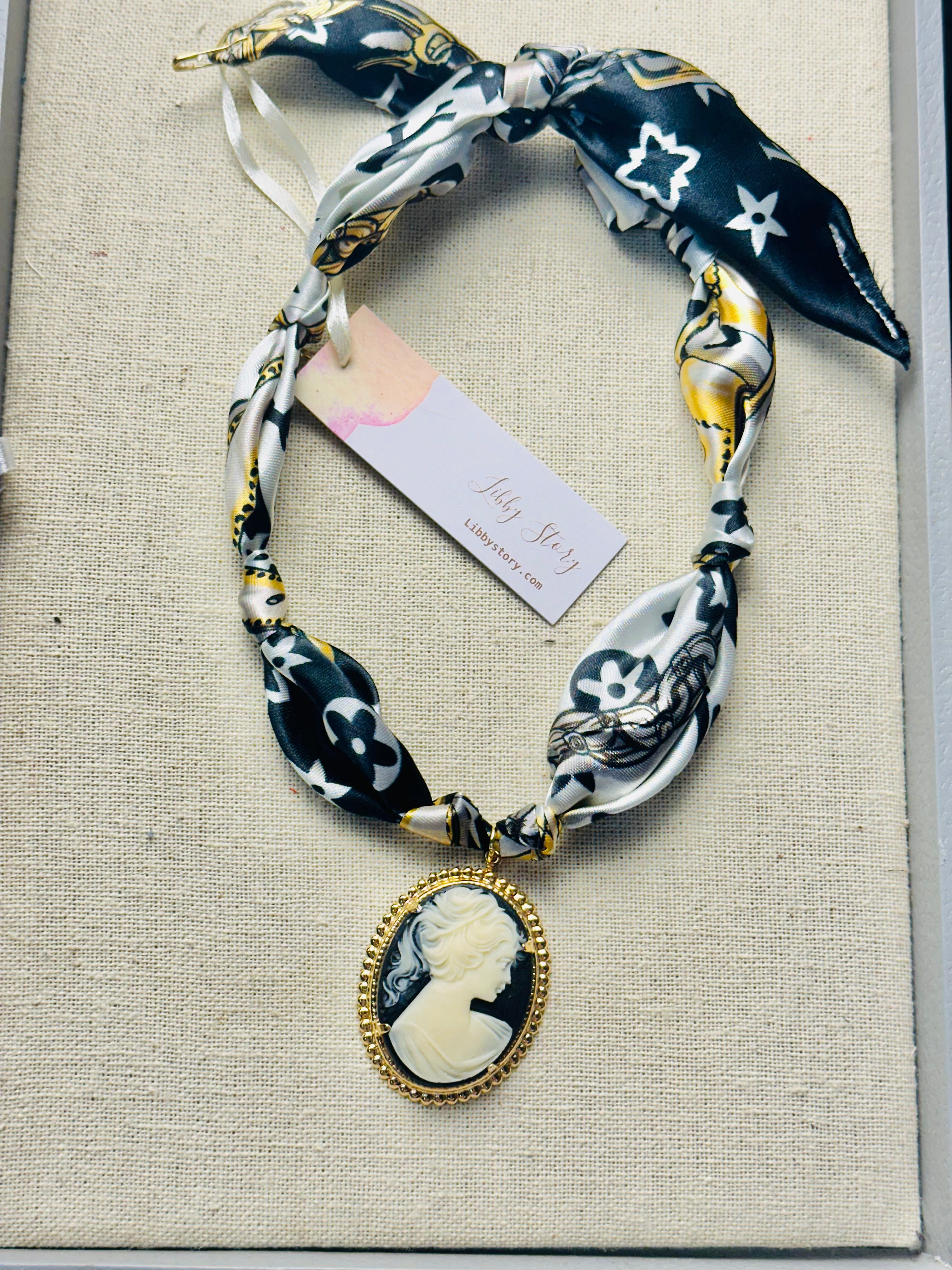 Vintage Cameo Satin Scarf Necklace