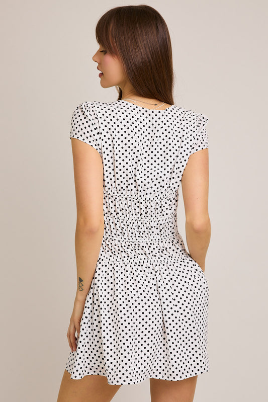 Square Neck Ruched Mini Dress with Short Cap Sleeve