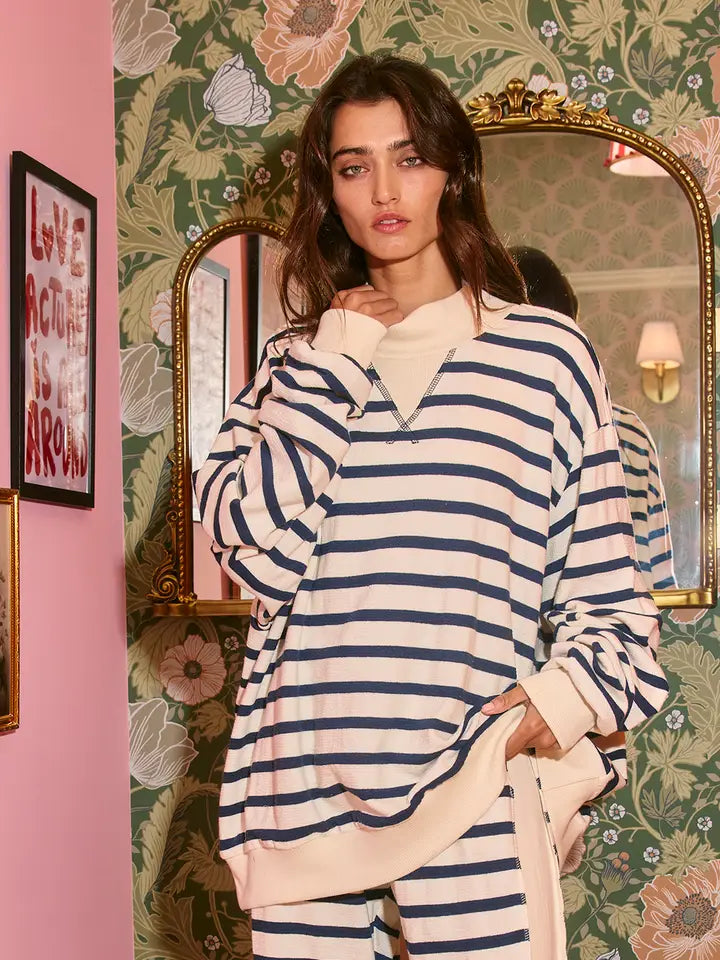 Ribbed Details Striped Oversized Top