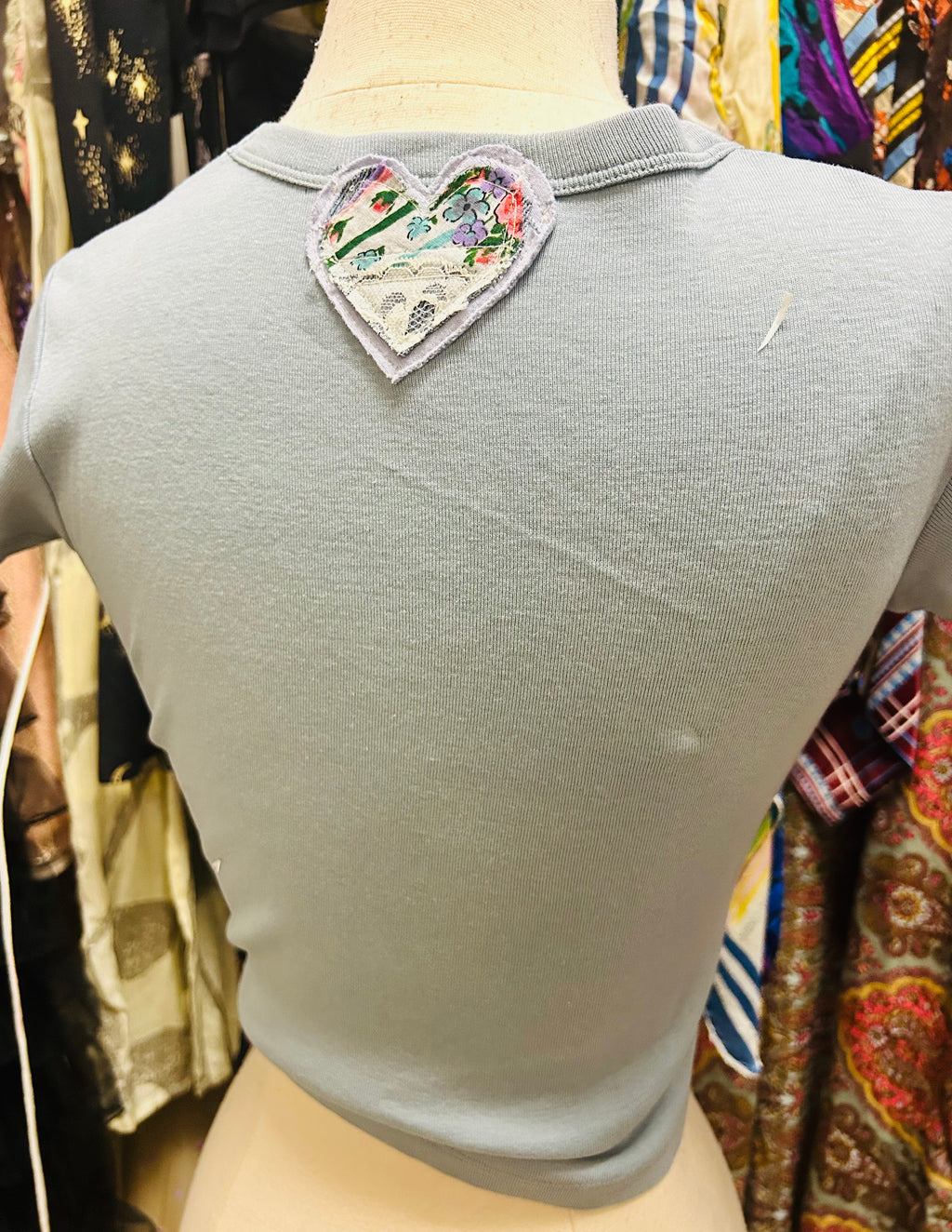 OOAK Bandana Denim & Stripe Heart Patch Crop Tee