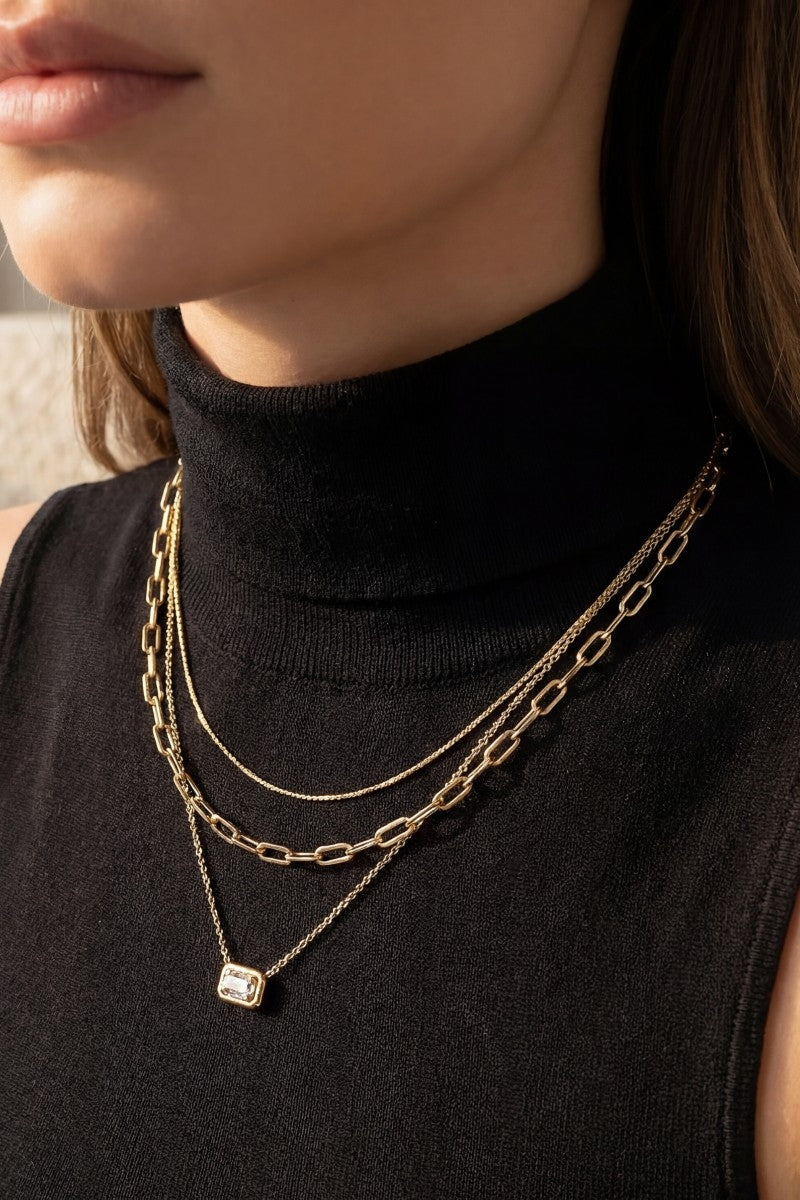 Gold Dipped Cz Baguette Pendant Layered Chains Necklace