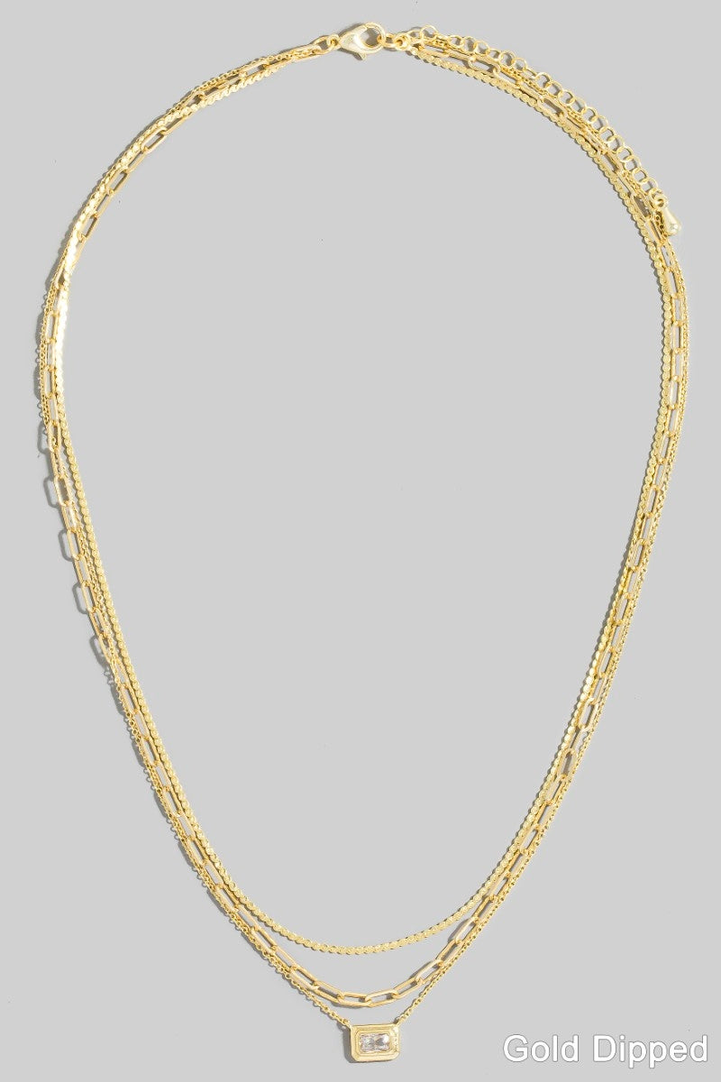 Gold Dipped Cz Baguette Pendant Layered Chains Necklace