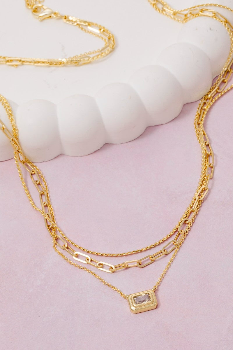 Gold Dipped Cz Baguette Pendant Layered Chains Necklace