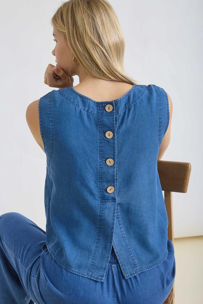 Chambray Back Half Button Detail Crop Top