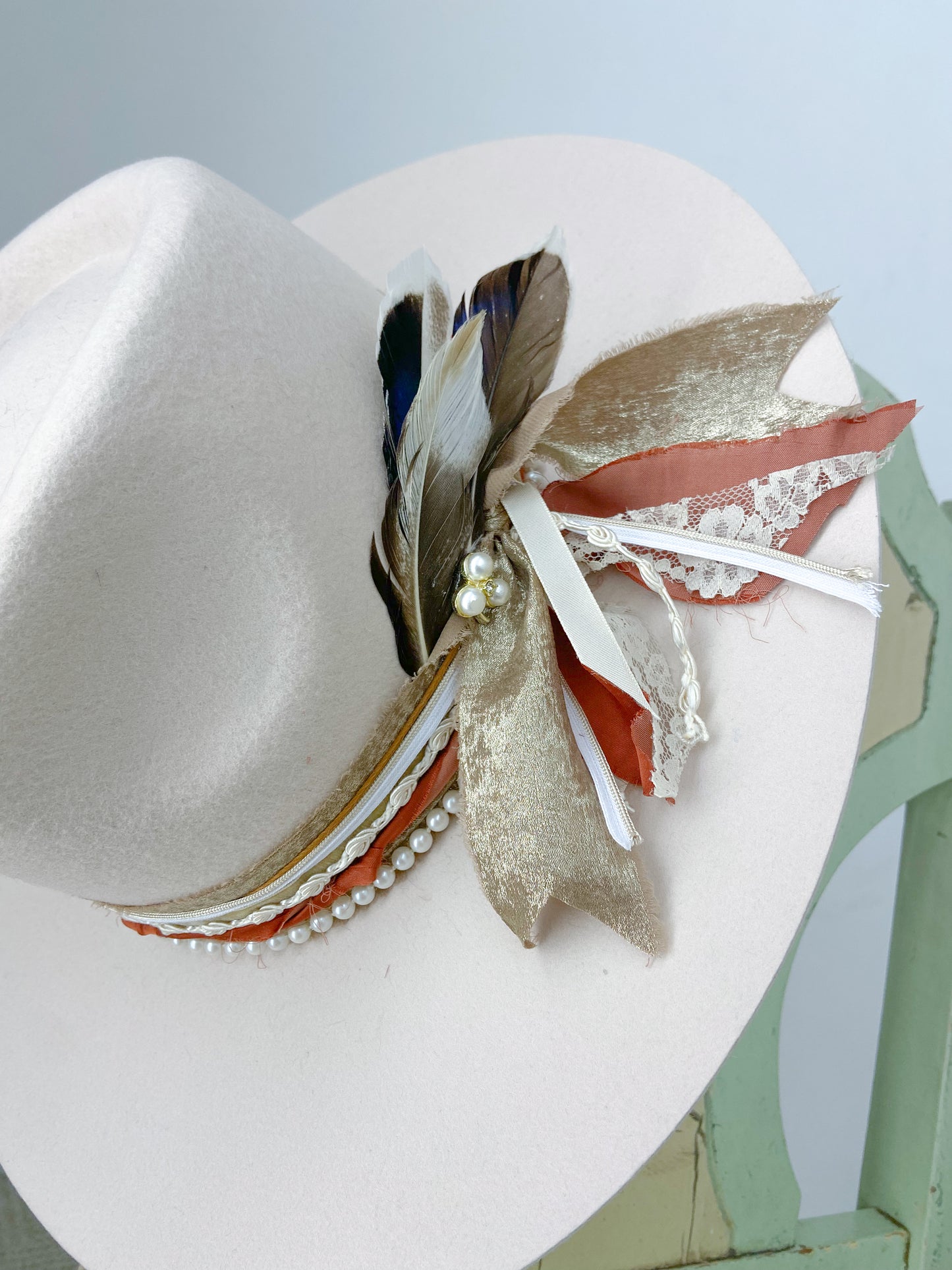 OOAK Champagne Dreams 100% Wool & Ribbon Stiff Bring Hat