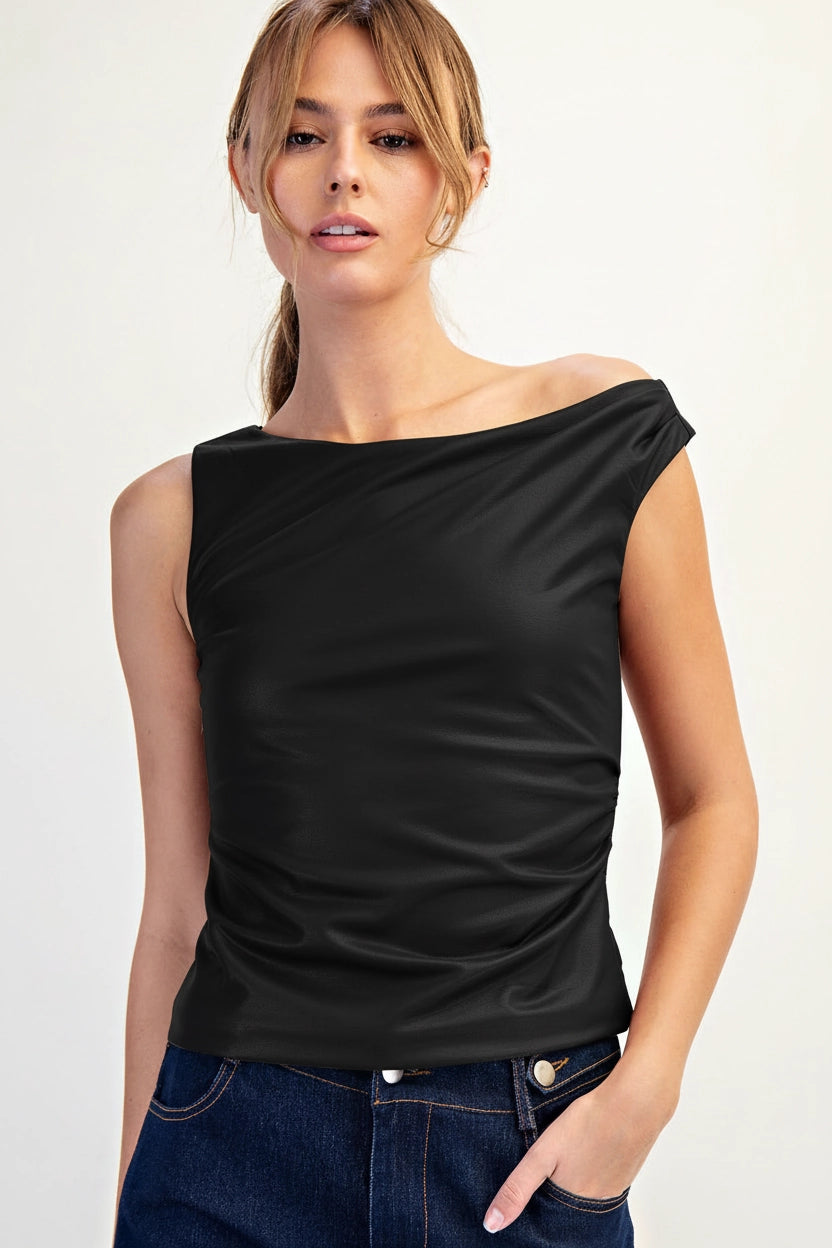 Asymmetric Shoulder Stretch Faux Leather Top