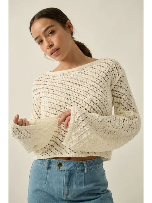 Solid Crochet-Knit Bell-Sleeve Cropped Sweater