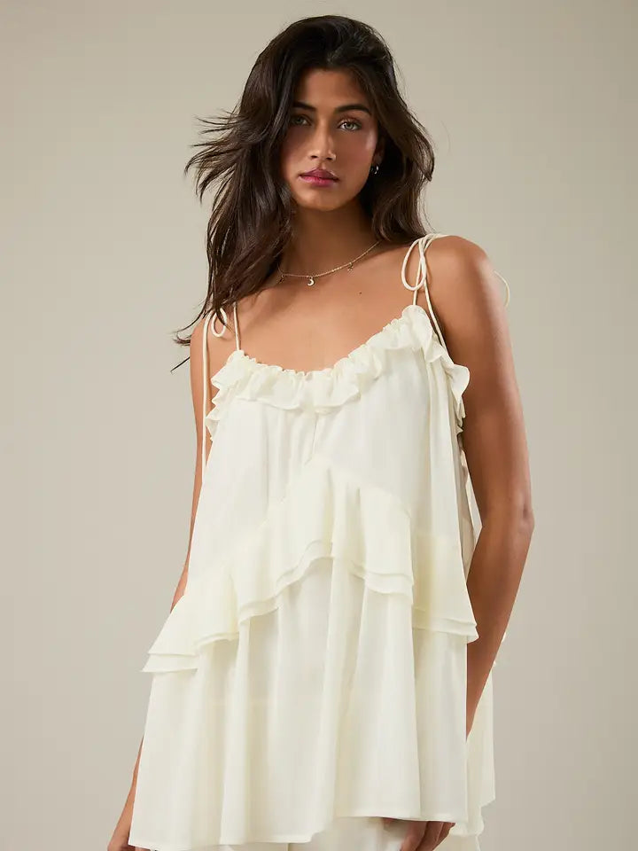 Ruffle Detail Shoulder Tie Flare Romper