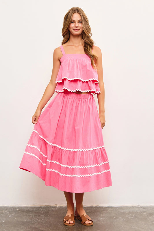 Elastic Waistband Scallop Trim Detail Shirred Skirt