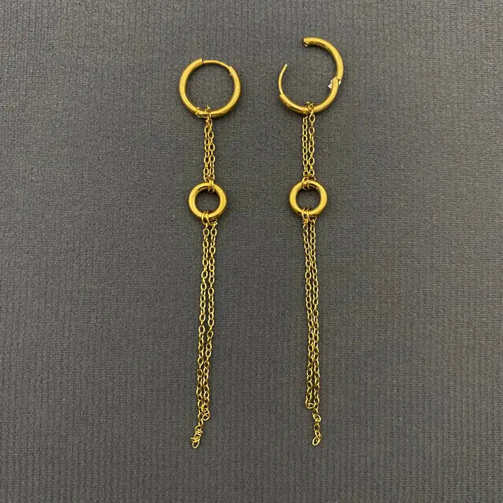 18K Golden Chain Fringe Ss Double Loop Huggie Earrings