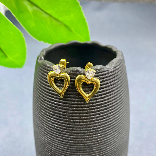 18K Gold Plated S.Steel Hollow Heart Dangle Earrings