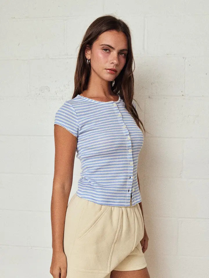 Striped Ribbed Button Front Top