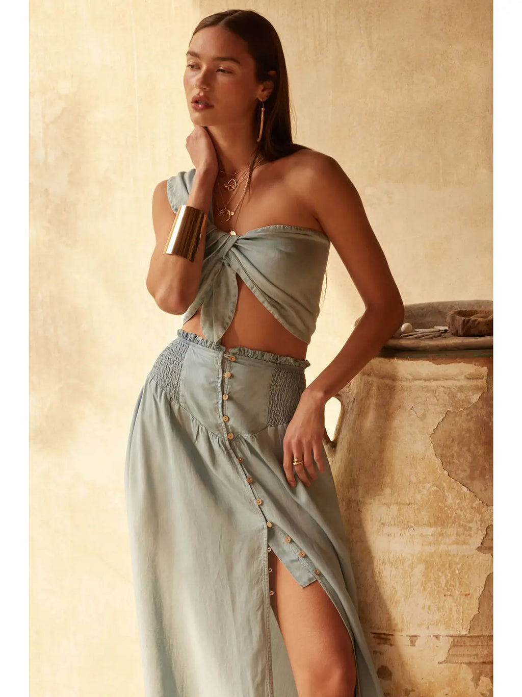 Denim One-Shoulder Wrap Bandeau Top
