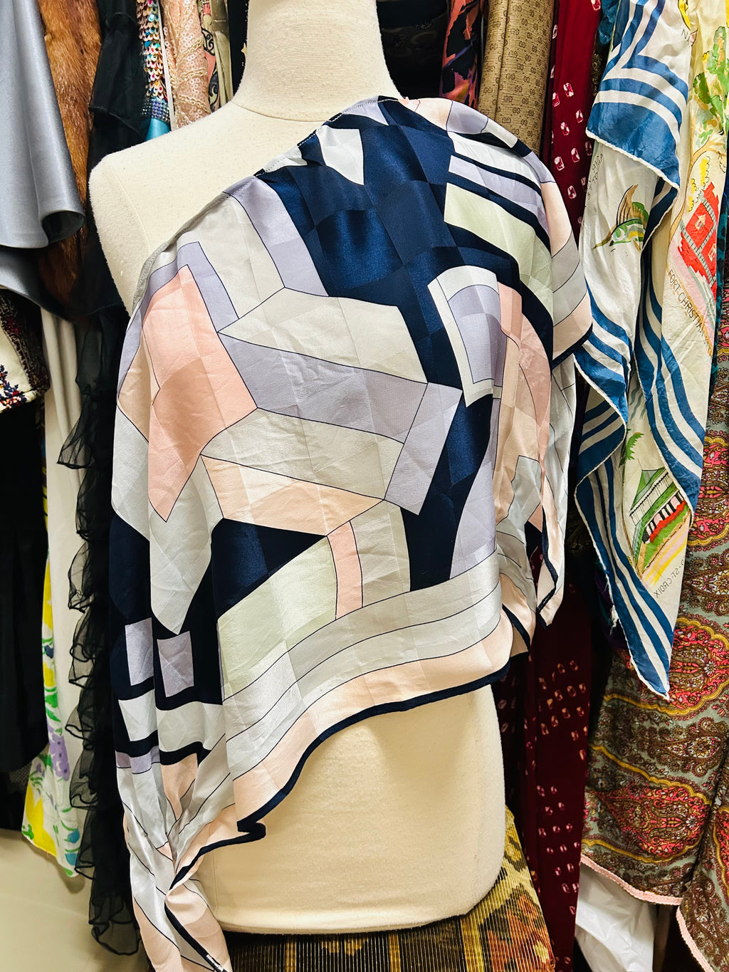OOAK Vintage Geo Silk Scarf Poncho or Top