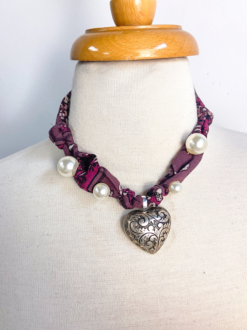 OOAK Vintage Heart and Pearl Pin Scarf Necklace