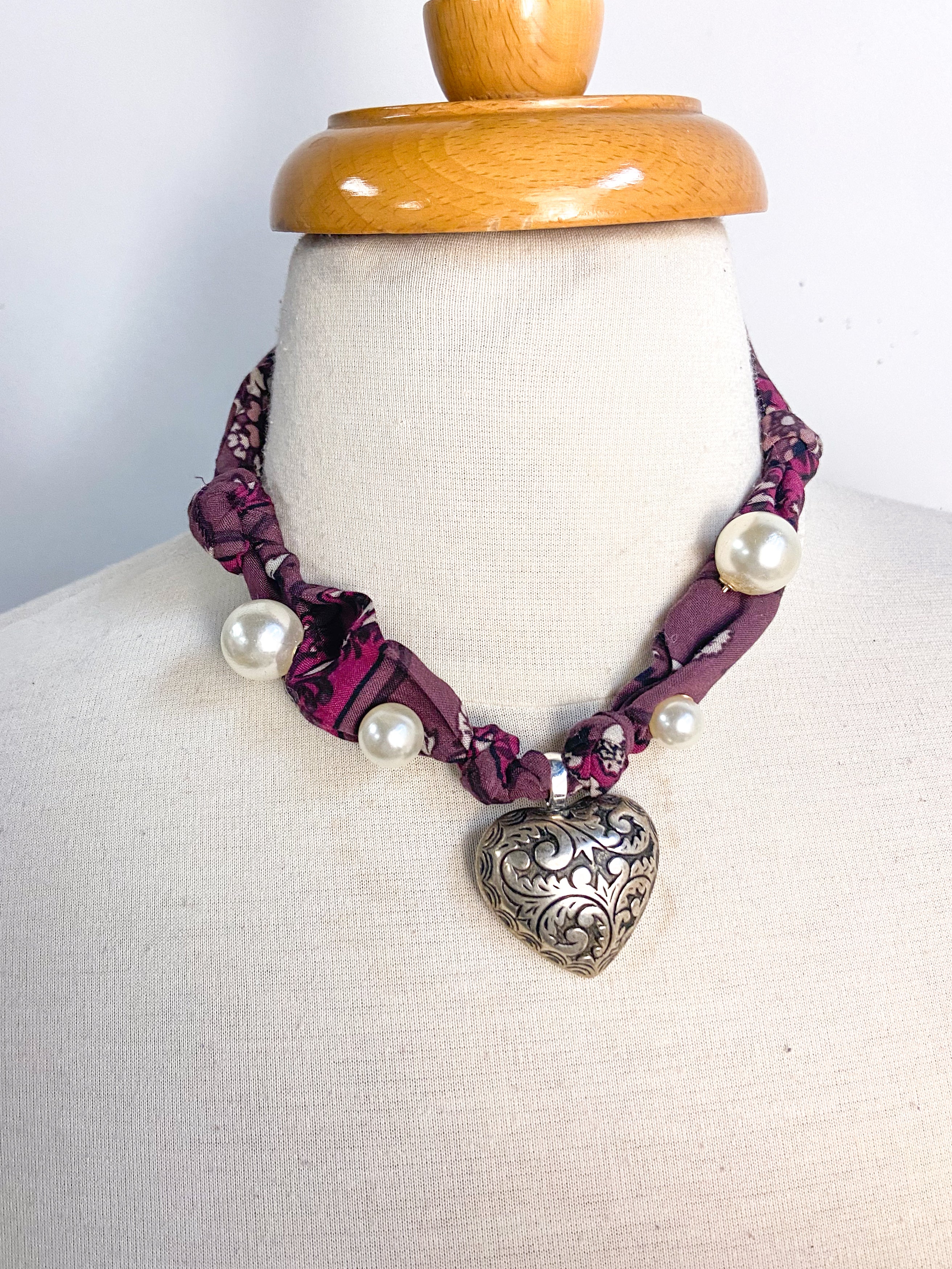 OOAK Vintage Heart and Pearl Pin Scarf Necklace