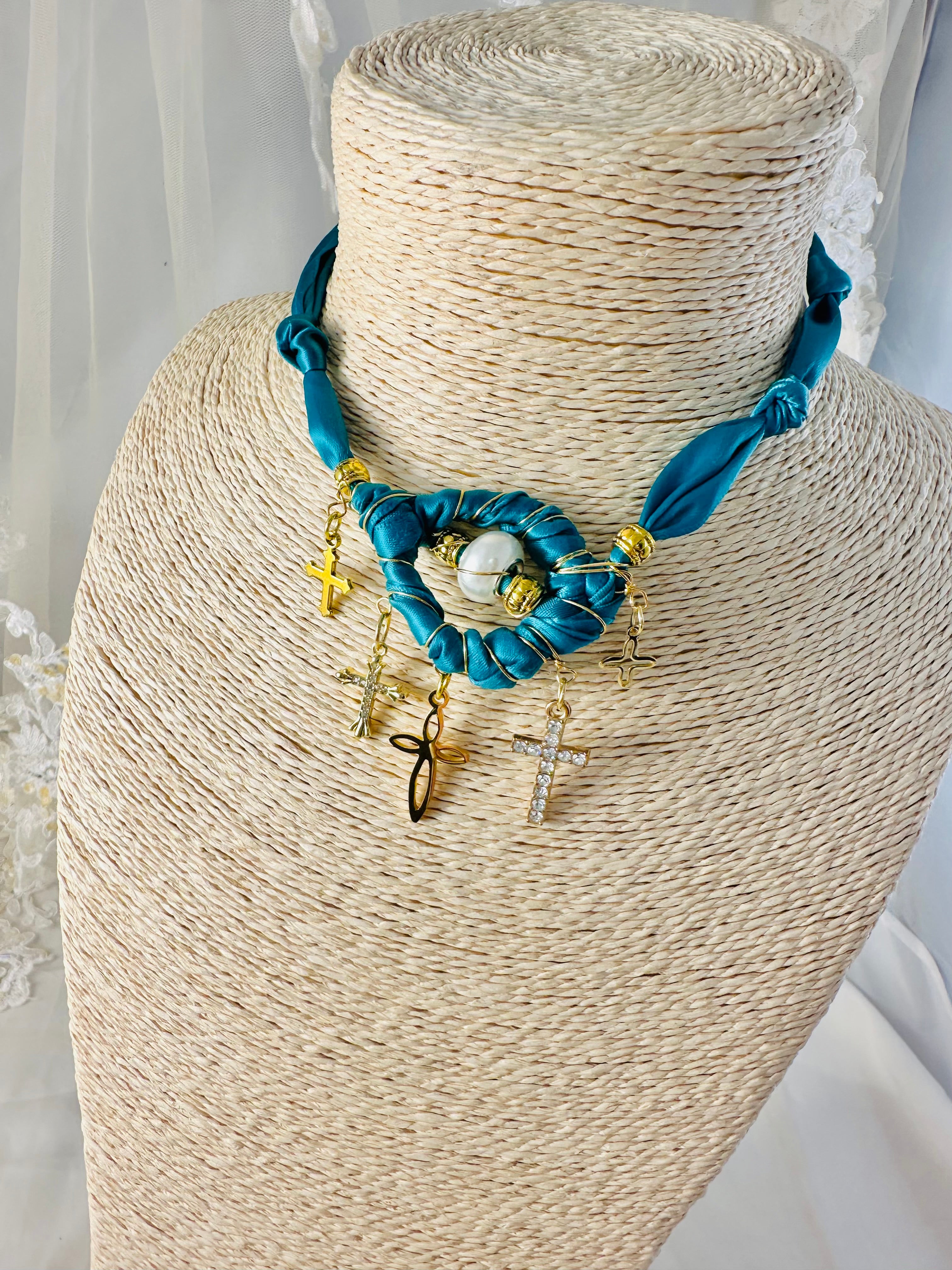 OOAK Teal Satin Ribbon Cross Charm Necklace