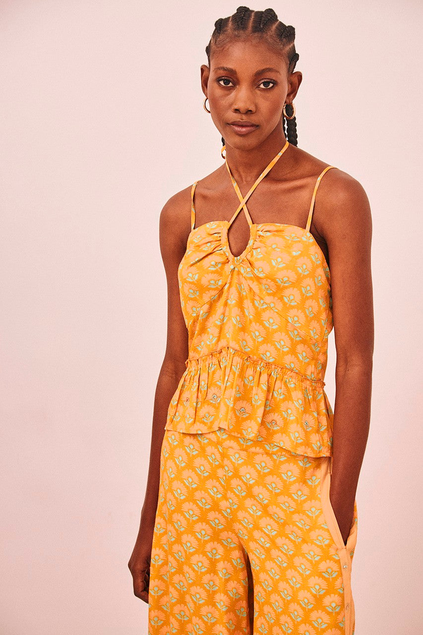 Nekane Embroidered Printed Halter Top