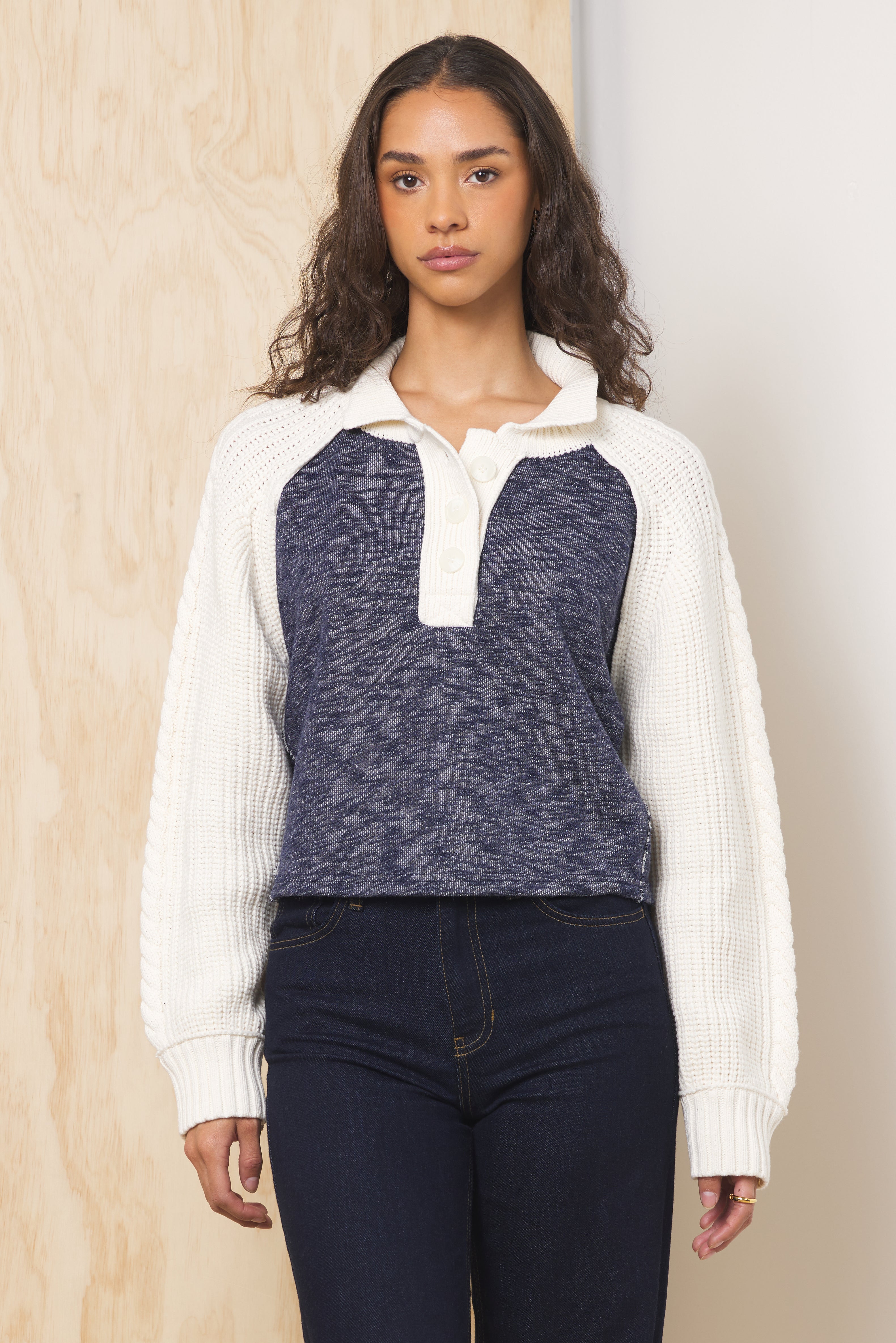 Vintage Havana Mixed Knit Collared Sweater