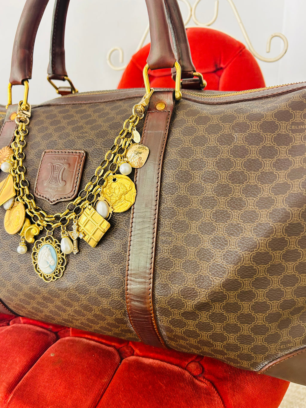 OOAK Authentic Vintage Céline Macadam 48-Hour Boston Travel Bag w/ Removable LS Custom Bag Chains