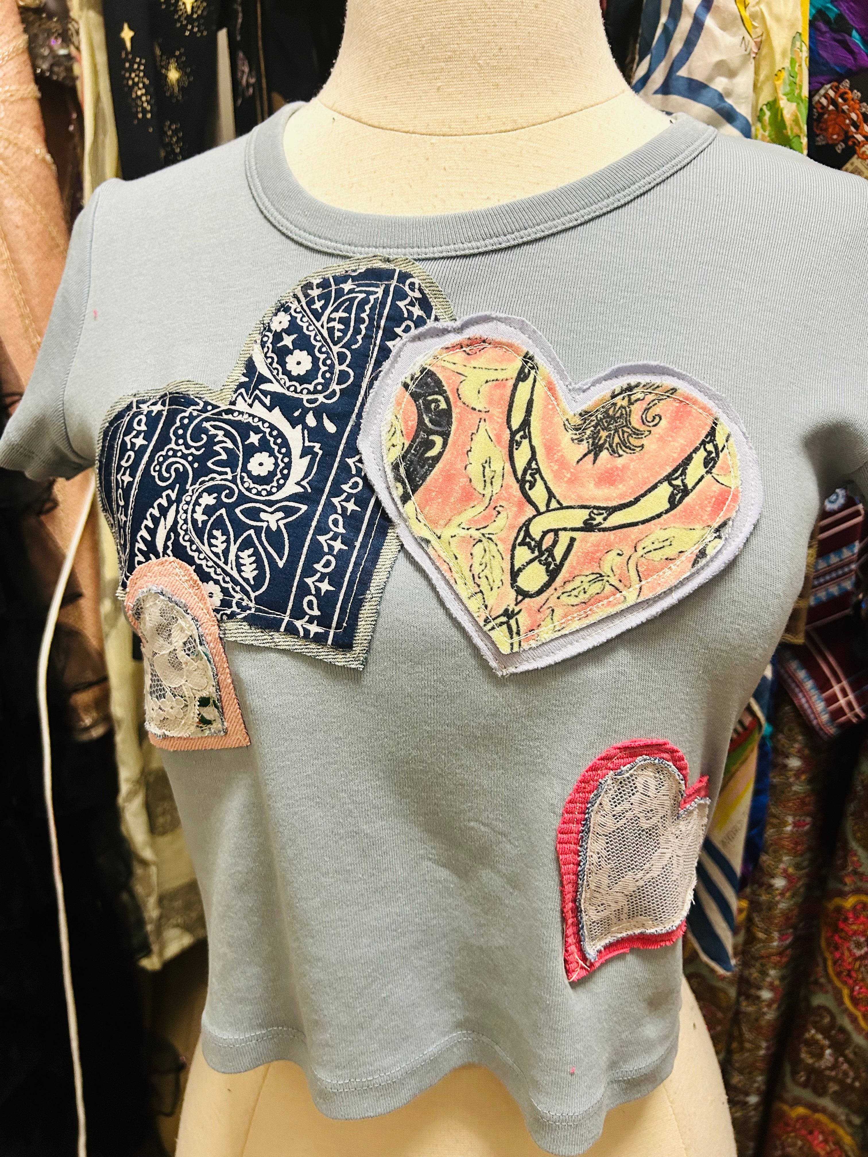 OOAK Bandana Denim & Stripe Heart Patch Crop Tee
