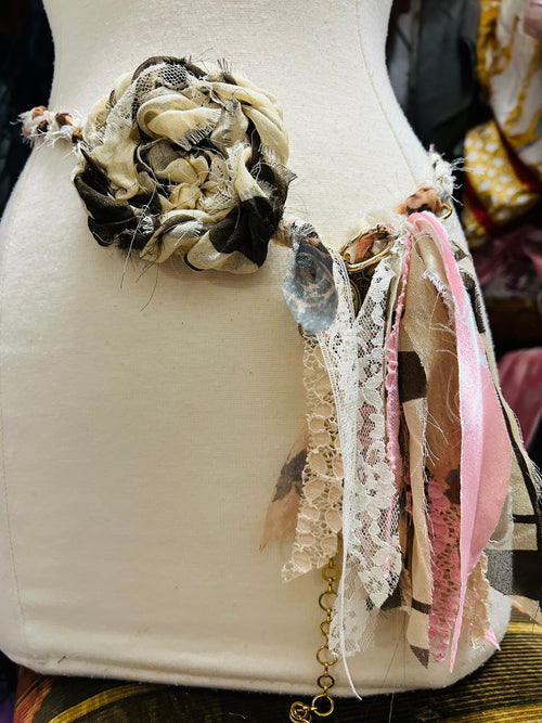 OOAK Fabric Flower & Cameo Handmade Tassel Belt