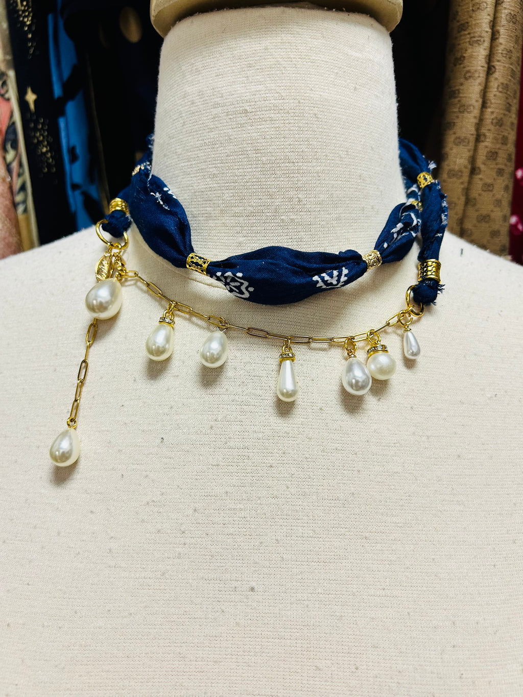Handmade Bandana & Pearl Drop Necklace or Belt