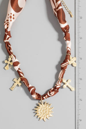 Cross And Sun Charms Bandana Chain Braided Necklace