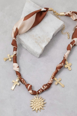 Cross And Sun Charms Bandana Chain Braided Necklace