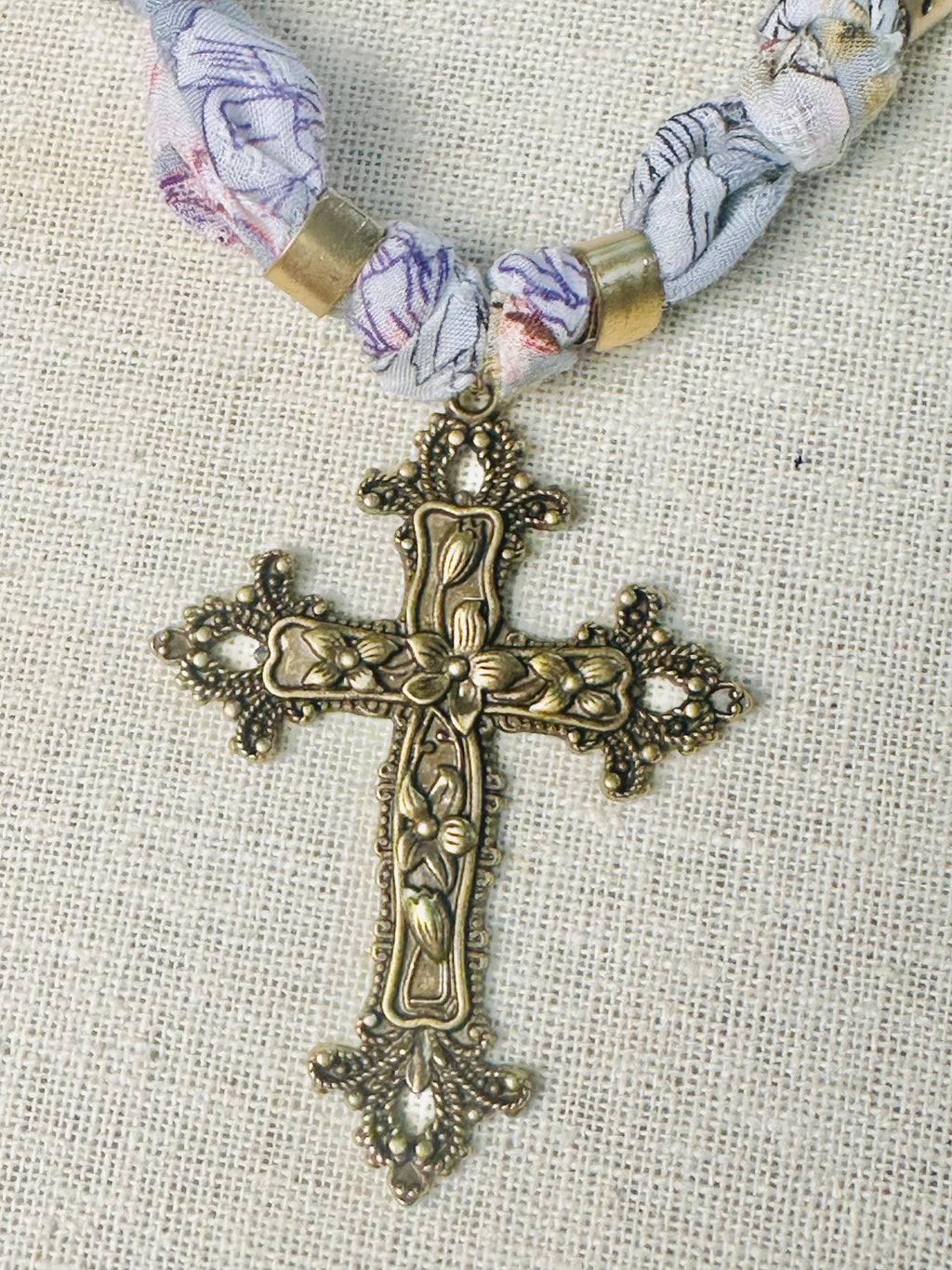 Antique Bronze Cross Fabric Necklace